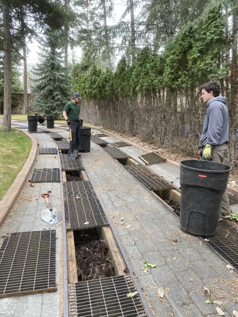 Two individuals are working on an outdoor pathway with grates. One person is standing with a shovel near an open section, and the other is holding a bucket, both appearing to be in a conversation. Trees and shrubbery surround the path.
